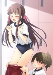 2girls alternate_costume assisted_exposure black_buruma blush brown_hair buruma closed_eyes clothes_pull commentary_request commission embarrassed faceless faceless_female fruits_basket gym_shirt gym_uniform hair_ribbon honda_tohru locker locker_room long_hair long_sidelocks looking_at_viewer multiple_girls nose_blush pants pants_pull pantsing ponytail ribbon shibacha shirt sidelocks skeb_commission solo t-shirt white_shirt