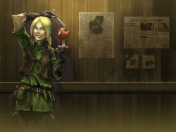 1990s_(style) 1boy apple balancing belt berserk blonde_hair fingerless_gloves food fruit gloves green_eyes judeau_(berserk) judo knife male_focus martial_arts_belt newspaper oropi retro_artstyle smile solo