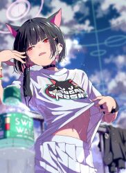 1girl absurdres animal_ears black_choker black_hair black_mask blue_archive blurry blush bottle cat_ears choker clothes_lift cloud colored_inner_animal_ears colored_inner_hair day depth_of_field ear_piercing extra_ears hair_ornament hairclip halo highres jewelry kazusa_(band)_(blue_archive) kazusa_(blue_archive) lifting_own_clothes mask mask_pull matsumoto_yutaka mouth_mask multicolored_hair navel open_mouth outdoors piercing pink_hair pink_halo pleated_skirt print_shirt red_eyes shirt shirt_lift short_hair short_sleeves skirt sky solo sweat t-shirt two-tone_hair water_bottle wet wet_clothes wet_shirt white_shirt white_skirt