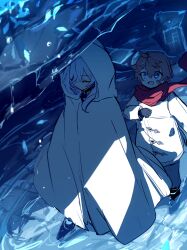 Rule 34 | 1boy, 1girl, :d, age difference, aged down, ahoge, arm out of frame, bandaid, bandaid on cheek, bandaid on face, black gloves, blue eyes, blue theme, cloak, closed eyes, closed mouth, coat, double-parted bangs, expressionless, following, from above, full body, genshin impact, gloves, grey pants, hair between eyes, hand up, height difference, highres, hood, hood up, hooded cloak, long sleeves, looking at another, open mouth, orange hair, pants, ra suya, red scarf, ripples, scarf, short hair, sidelighting, sketch, skirk (genshin impact), smile, standing, tartaglia (genshin impact), u u, very short hair, wading, water drop, white cloak, white coat, white hair, winter clothes, winter coat