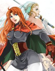 aqua_eyes bad_id bad_pixiv_id blonde_hair breasts cape circlet closed_mouth commentary_request dodotukune dress gensou_suikoden gensou_suikoden_i gloves headband long_hair multiple_girls odessa_silverberg open_mouth red_cape serious sword weapon