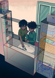 2boys 2tenset aqua_pajamas aqua_shirt asymmetrical_bangs basket bathroom black_eyes black_hair blunt_bangs brothers brushing_teeth buttons closed_mouth collared_shirt cup door expressionless full_body green_shirt holding holding_cup holding_toothbrush indoors kageyama_ritsu kageyama_shigeo male_focus messy_hair mob_psycho_100 mug multiple_boys pajamas pinstripe_pattern pinstripe_shirt shirt short_hair siblings sink t-shirt toothbrush towel water
