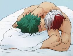 Rule 34 | 2boys, ass, blush, boku no hero academia, commentary, completely nude, freckles, green hair, looking at another, lying, lying on person, male focus, midoriya izuku, multicolored hair, multiple boys, nude, on bed, on stomach, pillow, red hair, short hair, split-color hair, todoroki shoto, two-tone hair, white hair, yaoi, zazaraza33