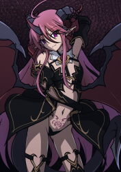 1girl absurdres ahoge aoi_tabane bare_shoulders black_dress black_gloves black_panties breasts clothing_cutout contrapposto corruption cosplay curled_horns dark_persona demon_girl demon_horns demon_tail demon_wings detached_collar dress elbow_gloves eyes_visible_through_hair gloves hair_between_eyes hair_ribbon heart heart_cutout heart_tattoo highres horns kouyoku_senki_exs-tia long_hair looking_at_viewer luxtia navel panties pink_hair pointy_ears pubic_tattoo purple_eyes red_wings revealing_clothes ribbon shakugan_no_shana shana single_horn small_breasts smile solo spread_wings tail tattoo thigh_strap thighhighs underwear very_long_hair wings