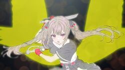 1girl assault_lily belt black_background black_belt black_ribbon black_skirt blush bow braid braided_hair_rings brown_hair commentary_request cropped_jacket dual_wielding energy_wings fighting_stance fingerless_gloves floating_hair frilled_skirt frills gloves hair_ribbon hair_rings highres holding holding_sword holding_weapon imai_seira leaning_forward long_hair looking_at_viewer open_mouth pickles_(picpicpickles) pleated_skirt purple_eyes red_gloves red_ribbon ribbon school_uniform shirt short_sleeves skirt solo standing sword teeth twintails two-tone_ribbon underbust upper_body upper_teeth_only v-shaped_eyebrows very_long_hair weapon white_bow white_shirt wide_sleeves yellow_wings yurigaoka_girls_academy_school_uniform