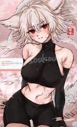 1girl animal_ear_fluff animal_ears bike_shorts black_gloves black_shorts black_sports_bra blush breasts closed_mouth commentary_request cowboy_shot ears_down elbow_gloves gloves grey_hair highres inubashiri_momiji large_breasts looking_at_viewer midriff navel pink_background red_eyes short_hair shorts sitting solo soukou_(artist) sports_bra sweat tail touhou wolf_ears wolf_girl wolf_tail
