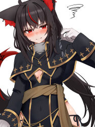 1girl absurdres ahoge animal_ear_fluff animal_ears black_hair blush braid breasts cleavage_cutout closed_mouth clothing_cutout commentary_request covered_navel cross cross_necklace crossed_bangs dark_persona fox_ears fox_girl fox_tail gloves gold_trim hair_between_eyes highres hip_vent holding holding_removed_eyewear hololive jewelry kurokami_fubuki long_hair looking_at_viewer medium_breasts micon necklace panties panty_straps pentagram red_eyes red_streaks side-tie_panties side_braid simple_background single_braid solo tail underwear unworn_eyewear virtual_youtuber white_background white_gloves