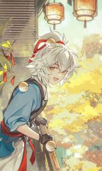 1boy :d aged_down artist_name black_gloves blue_shirt blurry blurry_background child chinese_clothes chinese_commentary commentary_request crossed_bangs day fang fingerless_gloves gloves hair_between_eyes hair_intakes hair_ribbon high_ponytail highres hoki11 honkai:_star_rail honkai_(series) jing_yuan lantern leaning_forward looking_at_viewer looking_to_the_side male_focus medium_hair mole mole_under_eye open_mouth pants plant ponytail puffy_short_sleeves puffy_sleeves railing red_ribbon ribbon shirt short_sleeves sidelocks smile solo tree twitter_username white_hair white_pants window_blinds wooden_railing yellow_eyes