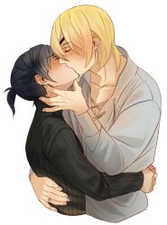 Rule 34 | 2boys, arms around waist, black hair, black shirt, blonde hair, blush, closed eyes, commentary, cropped torso, cross-laced clothes, dimitri alexandre blaiddyd, dimitri alexandre blaiddyd (timeskip), english commentary, eyepatch, felix hugo fraldarius, felix hugo fraldarius (timeskip), fire emblem, fire emblem: three houses, grey shirt, hair behind ear, hand on another&#039;s back, hand on another&#039;s neck, head back, highres, jewelry, long sleeves, male focus, multiple boys, nintendo, parted bangs, plaemon, ponytail, profile, ring, shirt, short ponytail, simple background, turtleneck, white background, yaoi