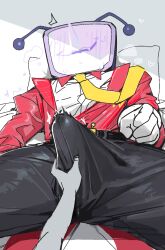 1boy ant_tenna asd1565326 belt black_belt black_pants blush bulge crt deltarune erection erection_under_clothes fangs gloves heart highres lying male_focus necktie object_head on_back pants penis_grab pillow pointy_nose precum precum_through_clothes shirt smile sweat tailcoat white_gloves white_shirt yellow_necktie
