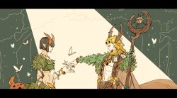2boys alternate_costume black_hair black_nails blonde_hair bob_cut braid bruno_bucciarati bug butterfly centaur crop_top forest giorno_giovanna highres horns insect jewelry jojo_no_kimyou_na_bouken leaves long_ears long_hair luminous_slime multiple_boys nature open_hand plant profile reaching spotlight staff taur vento_aureo