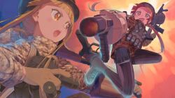 Rule 34 | 1girl, blonde hair, boots, brown eyes, bulletproof vest, camouflage, camouflage jacket, combat helmet, explosive, eyecatch, fang, fighting stance, flat chest, fukaziroh (sao), gloves, grenade, grenade launcher, gun, helmet, holding, holding weapon, holster, jacket, long hair, multiple views, official art, open mouth, petite, rightony &amp; leftania, smile, sword art online, sword art online alternative: gun gale online, thigh holster, weapon