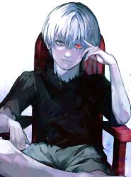 1boy absurdres black_shirt black_shorts chair closed_mouth crossed_legs grey_hair hand_on_own_cheek hand_on_own_face heterochromia highres kaneki_ken lips looking_at_viewer male_focus on_chair red_eyes shirt short_hair shorts sitting solo tokyo_ghoul torn torn_clothes torn_shirt white_hair xa8uofivf2mcart