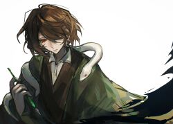 Rule 34 | 1boy, brown hair, brown vest, closed mouth, collared shirt, green jacket, hair over one eye, harada mutei, highres, holding, holding pen, jacket, male focus, open clothes, open jacket, pen, red eyes, saibou shinkyoku, shirt, short hair, snake, snake on shoulder, solo, sputniklover-1, upper body, vest, white background, white shirt, white snake