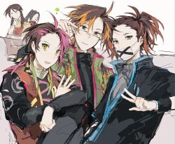 Rule 34 | 1girl, 4boys, apron, black jacket, black shirt, blonde hair, brown eyes, brown hair, closed eyes, closed mouth, commentary, earclip, glasses, green-framed eyewear, green eyes, green jacket, green pupils, grey shirt, highres, jacket, lei renqun xing shanyao shi, long hair, mask, mouth mask, multicolored hair, multiple boys, open clothes, open jacket, open mouth, open vest, orie dii, orie kadou, orie rin, orie suan, orie sueko, pink hair, pink trim, ponytail, quad braids, rectangular eyewear, red apron, red vest, saibou shinkyoku, semi-rimless eyewear, shirt, smile, striped clothes, striped shirt, two-tone hair, vertical-striped clothes, vertical-striped shirt, vest, w, white shirt, wristband