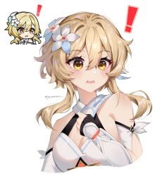 Rule 34 | !, 1girl, bare shoulders, black gloves, blonde hair, blush, breasts, cleavage, commentary, flower, genshin impact, genshin impact sticker redraw (meme), gloves, hair between eyes, hair flower, hair ornament, hashtag-only commentary, highres, jasummin, lumine (genshin impact), medium breasts, meme, open mouth, partially fingerless gloves, reference inset, short hair with long locks, simple background, sleeveless, solo, teeth, twitter username, upper teeth only, white background, white flower, yellow eyes