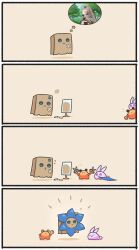 3others 4koma :&gt; :&lt; ? absurdres animal_ears bag bandages chibi comic commentary crab crayon english_commentary floating flower friend_(nanashi_mumei) highres hololive hololive_english kaniko_(tsukumo_sana) looking_at_mirror mirror mpien multiple_others nanashi_mumei paper_bag rabbit_ears sad scissors silent_comic slug speech_bubble thought_bubble usaslug_(tsukumo_sana) virtual_youtuber