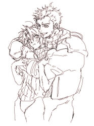2boys arms_around_neck blush commentary_request eyelashes final_fantasy final_fantasy_vii final_fantasy_vii_ever_crisis glenn_lodbrok grin highres hug looking_at_another male_focus multiple_boys sephiroth sephiroth_(ever_crisis) shirt short_hair sketch smile standing turtleneck very_short_hair yaoi zc_furuya