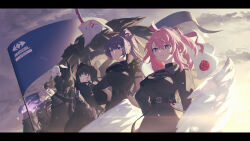 Rule 34 | 3boys, 4girls, absurdres, angel wings, animal ears, black dress, black hood, black horns, breasts, character request, commentary request, dress, falkenhayn mercenary leader (zenless zone zero), flag, fox ears, fox girl, highres, holding, holding flag, horns, hoshimi miyabi, large breasts, letterboxed, multiple boys, multiple girls, odd (hin yari), outdoors, pink hair, ponytail, purple eyes, purple hair, smile, sunbringer (zenless zone zero), veil, vike (zenless zone zero), white hair, white veil, wings, zenless zone zero