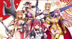 Rule 34 | 5girls, airi (queen&#039;s blade), airi (queen&#039;s blade unlimited), apron, armor, bikini armor, black hair, black thighhighs, blonde hair, blue eyes, braid, breasts, cattleya (queen&#039;s blade), cattleya (queen&#039;s blade unlimited), chain, chained, claudette (queen&#039;s blade), claudette (queen&#039;s blade unlimited), cleavage, detached sleeves, elina (queen&#039;s blade), gigantic breasts, glasses, groin, hair between eyes, highres, holding, holding polearm, holding sword, holding weapon, huge breasts, large breasts, leina (queen&#039;s blade), leina (queen&#039;s blade unlimited), long hair, looking at viewer, maid apron, mature female, medium breasts, multiple girls, navel, official art, polearm, puffy short sleeves, puffy sleeves, purple hair, queen&#039;s blade, queen&#039;s blade limit break, queen&#039;s blade unlimited, red hair, shadow tracker elina, short sleeves, sidelocks, spear, straight hair, sword, thighhighs, thighs, very long hair, weapon