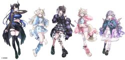 Rule 34 | 5girls, :d, animal ear fluff, animal ears, asymmetrical horns, asymmetrical legwear, aviot, black boots, black camisole, black hair, black jacket, black shirt, black skirt, blonde hair, blue eyes, blue hair, blue jacket, blue leg warmers, blue shrug, boots, breasts, camisole, center-flap bangs, closed mouth, clothing cutout, colored inner hair, commentary request, copyright notice, crop top, cropped shirt, crossed bangs, detached wings, dog ears, dog girl, dog tail, double-parted bangs, dress, feathered wings, fishnet socks, fishnets, flower, frilled dress, frilled skirt, frilled thigh strap, frills, fuwawa abyssgard, gem, geow (koseki bijou), gradient hair, grey camisole, grey hair, hair between eyes, heart cutout, highres, holding earbud, holoadvent, hololive, hololive english, hood, hooded jacket, horn flower, horns, jacket, jewel under eye, kneehighs, koseki bijou, large breasts, leg warmers, long hair, long sleeves, looking at viewer, low wings, miniskirt, mismatched legwear, mococo abyssgard, multicolored hair, multiple girls, navel, nekoyashiki pushio, nerissa ravencroft, off shoulder, official alternate costume, official alternate hairstyle, official art, open mouth, pantyhose, parted lips, pencil skirt, pink hair, pink leg warmers, pink shrug, platform boots, ponytail, purple eyes, purple gemstone, purple hair, purple jacket, shiori novella, shirt, shoes, short hair, siblings, sidelocks, simple background, single leg pantyhose, single leg warmer, single sleeve past fingers, single sock, single thighhigh, sisters, skirt, smile, sneakers, socks, split-color hair, streaked hair, swimsuit, tail, thigh boots, thigh strap, thighhighs, torn clothes, torn pantyhose, twins, two side up, uneven horns, uneven legwear, very long hair, virtual youtuber, wavy hair, white background, white dress, white leg warmers, white shoes, wings, yellow eyes
