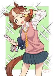 Rule 34 | 1girl, animal ears, bag, belno light (umamusume), brown hair, cellphone, charm (object), chiikawa, chiikawa (character), horse ears, horse girl, horse tail, necktie, oguri cap (umamusume), one eye closed, phone, school uniform, scrunchie, skirt, solo, tail, umamusume, umamusume: cinderella gray, wrist scrunchie, yokoshima (euphoria)