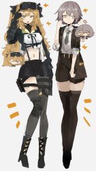 ! 2girls absurdres blonde_hair full_body girls&#039;_frontline girls&#039;_frontline_2:_exilium grey_hair highres lenna_(girls&#039;_frontline_2) leva_(girls&#039;_frontline_2) multiple_girls navel necktie odmised official_alternate_hair_length official_alternate_hairstyle one_eye_closed scar scar_across_eye scar_on_face ump45_(girls&#039;_frontline) ump9_(girls&#039;_frontline) yellow_necktie