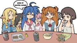 :3 ahoge bags_under_eyes black_hair blonde_hair bloodshot_eyes blue_capelet blue_eyes blue_hair bocchi_the_rock! bowl braid brown_eyes brown_hair can capelet choker crossover dungeon_meshi energy_drink food gotoh_hitori green_eyes hair_ornament hair_over_one_eye highres index_finger_raised interface_headset_(evangelion) iwakura_lain izumi_konata jacket kuroki_tomoko lighter long_hair lucky_star marcille_donato marijuana mole mole_under_eye monster_energy multiple_crossover necktie neon_genesis_evangelion orange_hair pantsu-ripper pink_hair pink_jacket pointy_ears pout red_choker red_necktie red_sailor_collar sailor_collar school_uniform serafuku serial_experiments_lain shaded_face smoke smoking souryuu_asuka_langley spanish_text speech_bubble tears tokyo-3_middle_school_uniform track_jacket translated two_side_up watashi_ga_motenai_no_wa_dou_kangaetemo_omaera_ga_warui! x_hair_ornament yellow_jacket