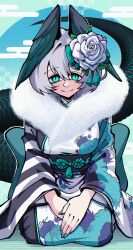 1girl absurdres alternate_costume aqua_eyes aqua_nails aqua_wings arknights chinese_zodiac closed_mouth dryegen flower fur_shawl grey_hair hair_between_eyes hair_flower hair_ornament happy_new_year head_wings highres ho&#039;olheyak_(arknights) japanese_clothes kimono long_sleeves looking_at_viewer medium_hair multicolored_kimono nail_polish new_year obi own_hands_together sash seiza shawl sitting slit_pupils smile snake_tail solo tail white_flower white_kimono wide_sleeves wings year_of_the_snake