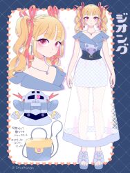 1girl artist_name bag belt belt_buckle black_belt black_corset blonde_hair blue_bow blue_sandals blue_shirt blue_skirt bow breasts buckle buttons character_name closed_mouth commentary corset cosplay cropped_shoulders earrings feet footwear_bow full_body grid_print gundam hair_ribbon handbag heart highres jewelry long_skirt looking_at_viewer mecha medium_breasts mobile_suit mobile_suit_gundam multiple_views necklace one-eyed pencil_skirt print_bag print_skirt red_eyes red_ribbon ribbon robot sandals see-through_clothes see-through_skirt shira_neri shirt skirt smile solo standing toes translated twintails wavy_hair white_skirt zeong zeong_(cosplay)