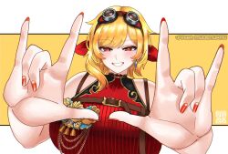 1girl blonde_hair breasts bright_pupils chain chest_harness commission earrings eyewear_on_head goggles goggles_on_head hair_ribbon harness highres hololive hololive_indonesia jewelry kaela_kovalskia kaela_kovalskia_(4th_costume) large_breasts muhammaddeny red_eyes red_nails red_ribbon ribbon smile solo upper_body vgen_commission virtual_youtuber white_pupils