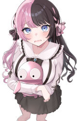 1girl absurdres black_bow black_bowtie black_hair black_skirt blue_eyes blush bow bowtie commentary_request hair_bow highres long_hair looking_at_viewer multicolored_hair open_mouth pink_bow pink_hair r.e.p.o. sameda_illust semibot shirt simple_background skirt solo split-color_hair sweatdrop tachibana_hinano tachibana_hinano_(1st_costume) two-tone_hair virtual_youtuber vspo! white_background white_shirt