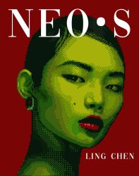 1girl bad_tag black_eyes black_hair cover dithering earrings english_text expressionless green_theme hair_slicked_back highres jewelry looking_at_viewer magazine_cover makeup mole mole_on_cheek onlypixeeels original pixel_art portrait red_background red_lips solo