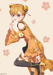 1girl absurdres blush breasts bun_cover chinese_clothes clothing_cutout commentary_request double_bun floral_print flower hair_between_eyes hair_bun hair_ornament highres legs long_sleeves looking_at_viewer love_live! love_live!_superstar!! medium_hair open_mouth orange_hair purple_eyes shibuya_kanon simple_background smile solo tassel twitter_username wide_sleeves yzlkun