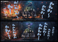1boy aa-02_sinner_(girls&#039;_frontline) absurdres ak-12_(girls&#039;_frontline) ak-15_(girls&#039;_frontline) an-94_(girls&#039;_frontline) angelia_(girls&#039;_frontline) assisted_carrying blonde_hair bodysuit boots breakdance carrying commentary_request dab_(dance) dancing dancing_pallbearers_(meme) deal_with_it_(meme) fingerless_gloves fire girls&#039;_frontline gloves highres kcco_(girls&#039;_frontline) long_hair mecha meme multiple_girls open_mouth robot rpk-16_(girls&#039;_frontline) smile sunglasses tama_yu