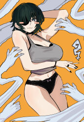 1girl absurdres black_choker blush breasts chainsaw_man choker cigarette extra_arms eyepatch ghost_devil_(chainsaw_man) ghost_hands green_eyes green_hair grey_shirt highres himeno_(chainsaw_man) holding holding_cigarette looking_at_viewer midriff one_eye_covered panties sailen0 shirt short_hair underwear yellow_background