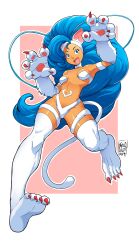 1girl animal_ears animal_hands bare_shoulders blue_eyes blue_hair breasts cat_ears cat_tail claws dark-skinned_female dark_skin darkstalkers fang felicia_(darkstalkers) karla_diaz_castro long_hair small_breasts tail very_long_hair white_fur
