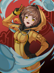 1girl :d absurdres alternate_eye_color arai_motoha arm_up ball baseball_(object) black_gloves bodysuit breasts brown_eyes brown_hair commentary cowboy_shot drawstring gloves hand_on_own_hip highres hood hood_up hooded_bodysuit leggings looking_at_viewer medium_breasts open_mouth persona persona_5 persona_5:_the_phantom_x red_background short_hair sidelocks smile solo standing tomboy two-tone_gloves v yato_(alphonse59) yellow_bodysuit yellow_gloves yellow_leggings