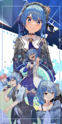 2girls absurdres alternate_hairstyle anemachi arm_up ascot beret black_coat blue_ascot blue_choker blue_dress blue_eyes blue_gloves blue_hair blue_hat blue_jacket blue_nails blue_shirt blue_skirt blue_tank_top blue_thighhighs blush breasts casual character_name choker closed_eyes closed_mouth coat collared_shirt crown dress elbow_gloves gloves glowstick grey_hat grey_jacket hair_between_eyes hat highres holding holding_microphone hololive hoshimachi_suisei hoshimachi_suisei_(1st_costume) hoshimachi_suisei_(old_design) jacket looking_at_viewer medium_hair microphone mini_crown multiple_girls multiple_views music nail_polish off_shoulder official_alternate_costume open_mouth pink_hair plaid_clothes plaid_hat plaid_jacket pleated_skirt ponytail puzzle_piece shirt short_sleeves side_ponytail singing skirt sleeveless sleeveless_dress small_breasts smile sparkle star_(symbol) star_in_eye symbol_in_eye tank_top thighhighs tsukino_(nakajimaseiki) virtual_youtuber wing_collar zettai_ryouiki