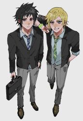 2boys black_hair blonde_hair blue_eyes briefcase brown_shoes final_fantasy final_fantasy_xv freckles grin hand_in_pocket highres holding holding_briefcase male_focus mtr_dayoo multiple_boys necktie noctis_lucis_caelum pants prompto_argentum school_uniform shoes short_hair smile standing wristband