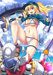 Rule 34 | 1girl, :d, artoria pendragon (fate), beach, bikini, blonde hair, blue eyes, blue sky, breasts, cloud, commentary request, day, fate (series), female focus, looking at viewer, medium breasts, mysterious heroine x (fate), mysterious heroine xx (fate), mysterious heroine xx (first ascension) (fate), open mouth, outdoors, ponytail, sandals, shimouki izui, shrug (clothing), side-tie bikini bottom, sky, smile, solo, swimsuit, twinmyniad (fate), water, white bikini, wristband