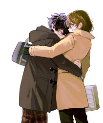 2boys absurdres akechi_gorou amamiya_ren black_pants brown_hair closed_eyes coat cowboy_shot fsmaichobpeg0 glasses highres hug male_focus multiple_boys pants persona persona_5 short_hair suitcase yaoi