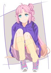 Rule 34 | 1girl, ahoge, anyoji hime, anyoji hime (summer training wear), black ribbon, blue eyes, blunt bangs, border, closed mouth, commentary, cropped hoodie, full body, gradient hair, grey background, hair ribbon, hand rest, hashtag-only commentary, highres, hood, hoodie, knees up, leg warmers, link! like! love live!, long hair, long sleeves, love live!, midriff, multi-tied hair, multicolored hair, official alternate costume, orange hair, outside border, pink hair, pink shorts, ponytail, purple hoodie, ribbon, shorts, sidelocks, simple background, sitting, sleeves past wrists, smile, solo, split mouth, swept bangs, toono2145, very long hair, virtual youtuber, white border, yellow leg warmers