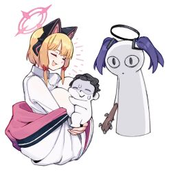 1boy 2girls aged_up alternate_breast_size animal_ear_headphones animal_ears baby_carry baseball_bat between_breasts blonde_hair blue_archive breasts carrying cat_ears closed_eyes cropped_torso doodle_sensei_(blue_archive) empty_eyes fake_animal_ears halo head_between_breasts headphones hetero highres holding holding_baseball_bat huge_breasts jacket jacket_partially_removed jealous large_breasts looking_at_another momoi_(blue_archive) multicolored_jacket multiple_girls nail nail_(hardware) nail_bat sensei_(blue_archive) shirt snorkel14 sweatdrop two-tone_jacket white_shirt yandere yuuka_(blue_archive)