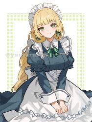 Rule 34 | 1girl, apron, blonde hair, blue dress, blush, bow, breasts, closed mouth, dress, fire emblem, fire emblem: three houses, fire emblem heroes, green bow, green eyes, headdress, highres, ingrid brandl galatea, ingrid brandl galatea (cordial teatime) (fire emblem), long hair, long sleeves, maid, maid apron, maid headdress, medium breasts, nintendo, official alternate costume, smile, solo, white apron, yuurururun