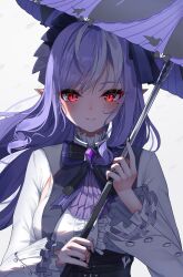 1girl absurdres ascot black_hairband black_nails bow bowtie center_frills closed_mouth commentary_request enoha frills gem hairband highres holding holding_umbrella long_hair looking_at_viewer mole mole_under_eye multicolored_hair parasol pointy_ears purple_ascot purple_bow purple_bowtie purple_gemstone purple_hair purple_umbrella red_eyes shirt shrug_(clothing) sleeveless sleeveless_shirt smile solo straight-on streaked_hair umbrella upper_body vivian_(zenless_zone_zero) white_hair white_shrug zenless_zone_zero
