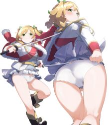 1girl aiguillette arm_behind_back ass belt belt_buckle black_footwear blonde_hair blush boots bow bright_pupils buckle cameltoe commission covering_crotch covering_privates daiba_nana dual_wielding epaulettes feet_out_of_frame fighting_stance from_behind from_below frown fur-trimmed_jacket fur_trim goe_(g-o-e) green_eyes green_ribbon grey_skirt hair_ribbon hands_up highres holding holding_sword holding_weapon jacket jacket_on_shoulders katana kneepits leg_up long_sleeves looking_at_viewer looking_back looking_down microskirt multiple_views panties parted_lips pleated_skirt raised_eyebrows red_jacket red_sash ribbon sash short_hair short_twintails shoujo_kageki_revue_starlight shoulder_sash simple_background single_stripe skeb_commission skirt skirt_tug standing standing_on_one_leg striped_clothes striped_skirt swept_bangs sword tassel twintails underwear upskirt weapon white_background white_bow white_jacket white_panties white_pupils yellow_belt