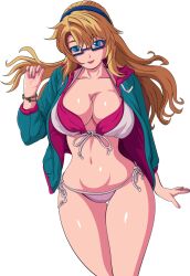 Rule 34 | 1girl, admontanheiro, bad deviantart id, bad id, bikini, blonde hair, blue eyes, coat, freezing (series), glasses, highres, open clothes, open coat, satellizer el bridget, solo, swimsuit, white background