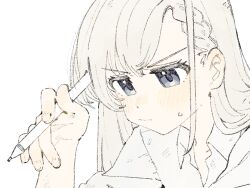 1girl :/ blue_eyes blush braid braided_bangs collared_shirt grey_hair highres hisakawa_hayate holding holding_pen idolmaster idolmaster_cinderella_girls long_hair pen shirt solo tenoo12 thinking upper_body
