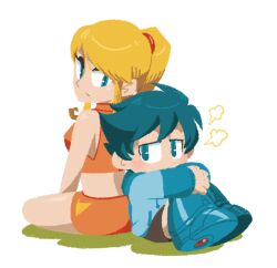 1boy 1girl breasts capcom crossover hakusoto mega_man_(character) mega_man_(classic) mega_man_(series) metroid nintendo samus_aran sitting